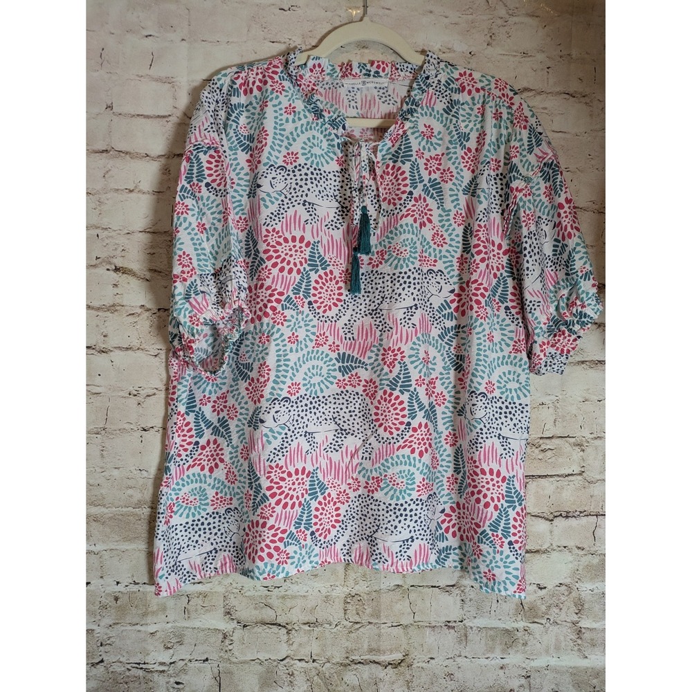 Michelle McDowell Top XL Pastel Colorful Tropical Jungle Safari Print Tassels